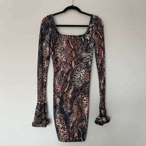 J.OUR Leopard Print Square Neck Long Sleeve Mini Dress